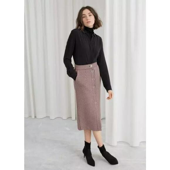 & Other Stories Houndstooth Print Midi Pencil Skirt Pink Black Button Front 4 - Picture 1 of 10